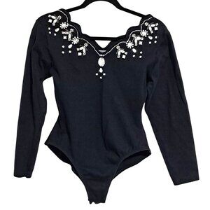 Y2K Bejeweled Bodysuit Womens M Black Long Sleeve Scalloped Neck & Snap‎ Closure